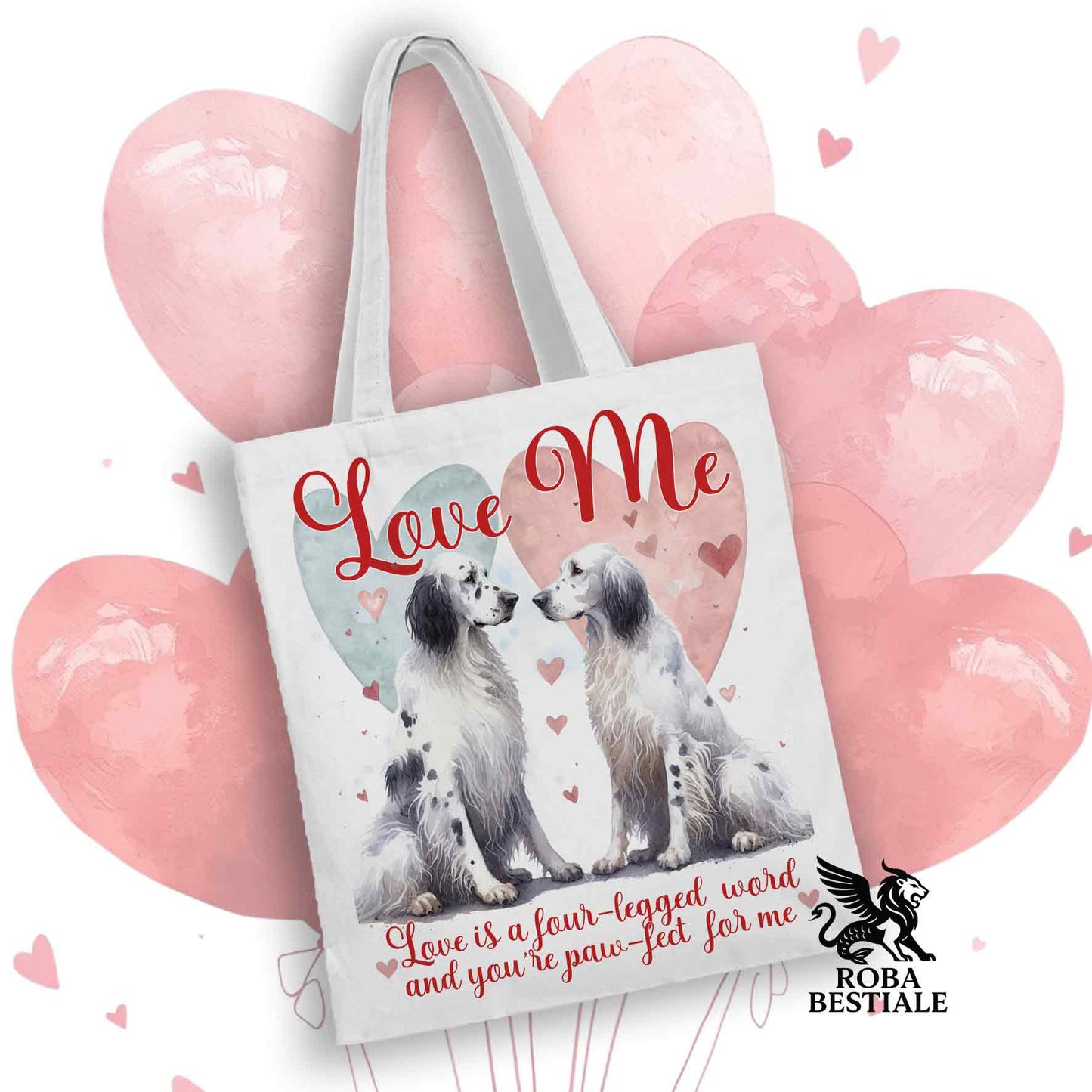 Tote Bag LOVE ME - SETTER INGLESE Blue Belton - 100% Cotone - Bianca o Beige