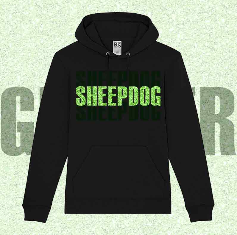 Felpa SOLO SCRITTE - SHEEPDOG - Nera o Grigia, Scritta in Vinile GLITTER Ultra Brillante in colore a scelta - Unisex - dalla XS alla 3XL