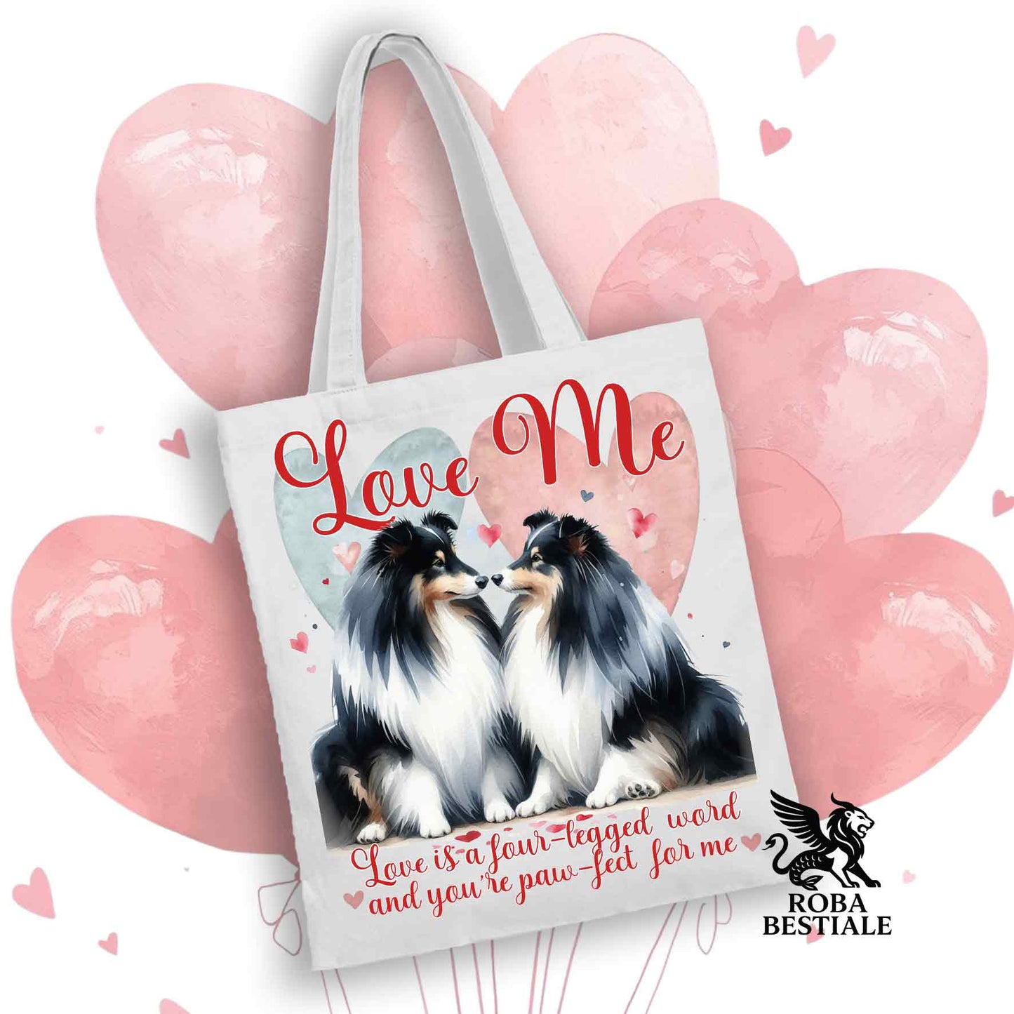 Tote Bag LOVE ME - SHETLAND SHEEPDOG Black Tricolor - 100% Cotone - Bianca o Beige