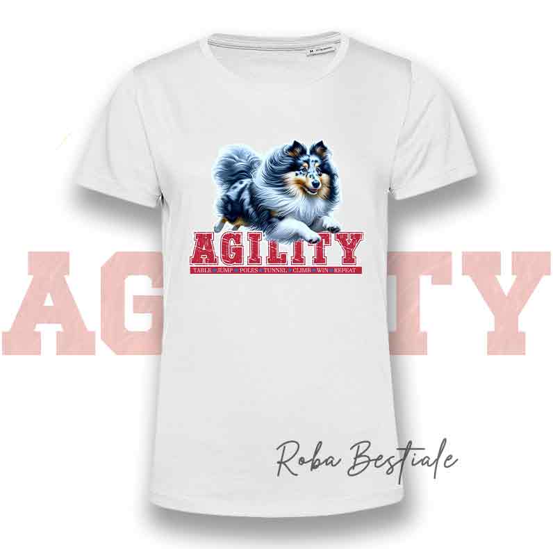 T-Shirt AGILITY PATH - SHETLAND SHEEPDOG Blue Merle - Bianca o Nera - Uomo o Donna - dalla XS alla 5XL