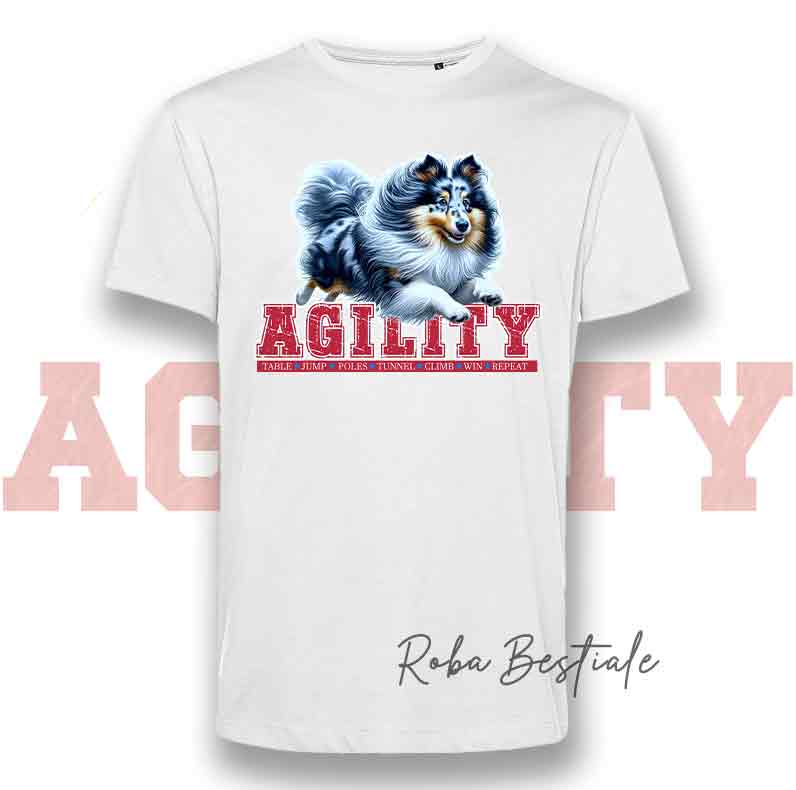 T-Shirt AGILITY PATH - SHETLAND SHEEPDOG Blue Merle - Bianca o Nera - Uomo o Donna - dalla XS alla 5XL