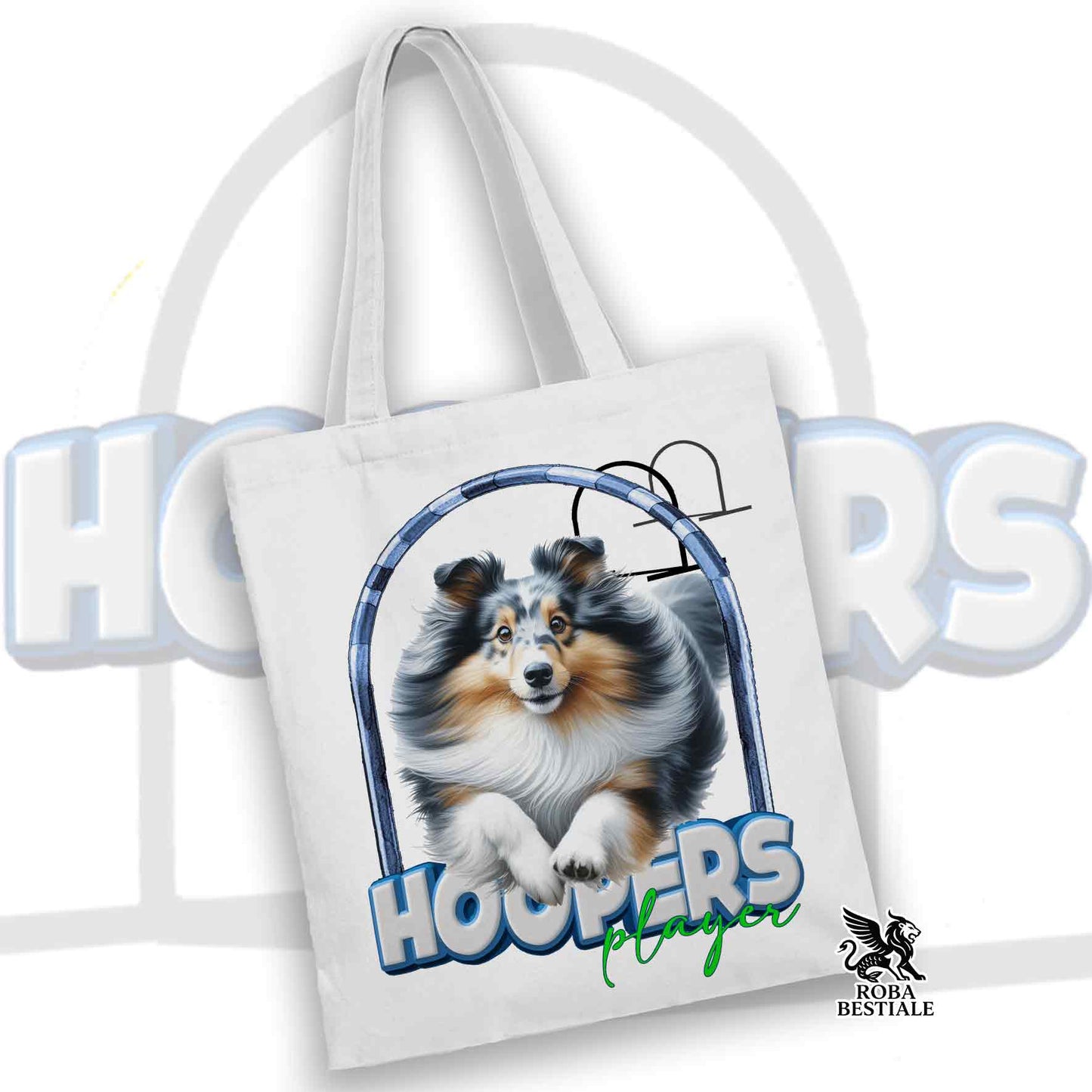 Tote Bag HOOPERS Player - SHETLAND SHEEPDOG Blue Merle - 100% Cotone - Bianca o Beige