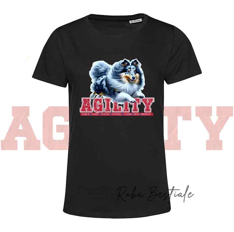 T-Shirt AGILITY PATH - SHETLAND SHEEPDOG Blue Merle - Bianca o Nera - Uomo o Donna - dalla XS alla 5XL