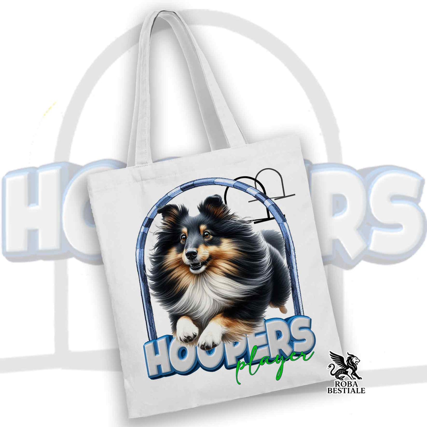 Tote Bag HOOPERS Player - SHETLAND SHEEPDOG Black Tricolor - 100% Cotone - Bianca o Beige