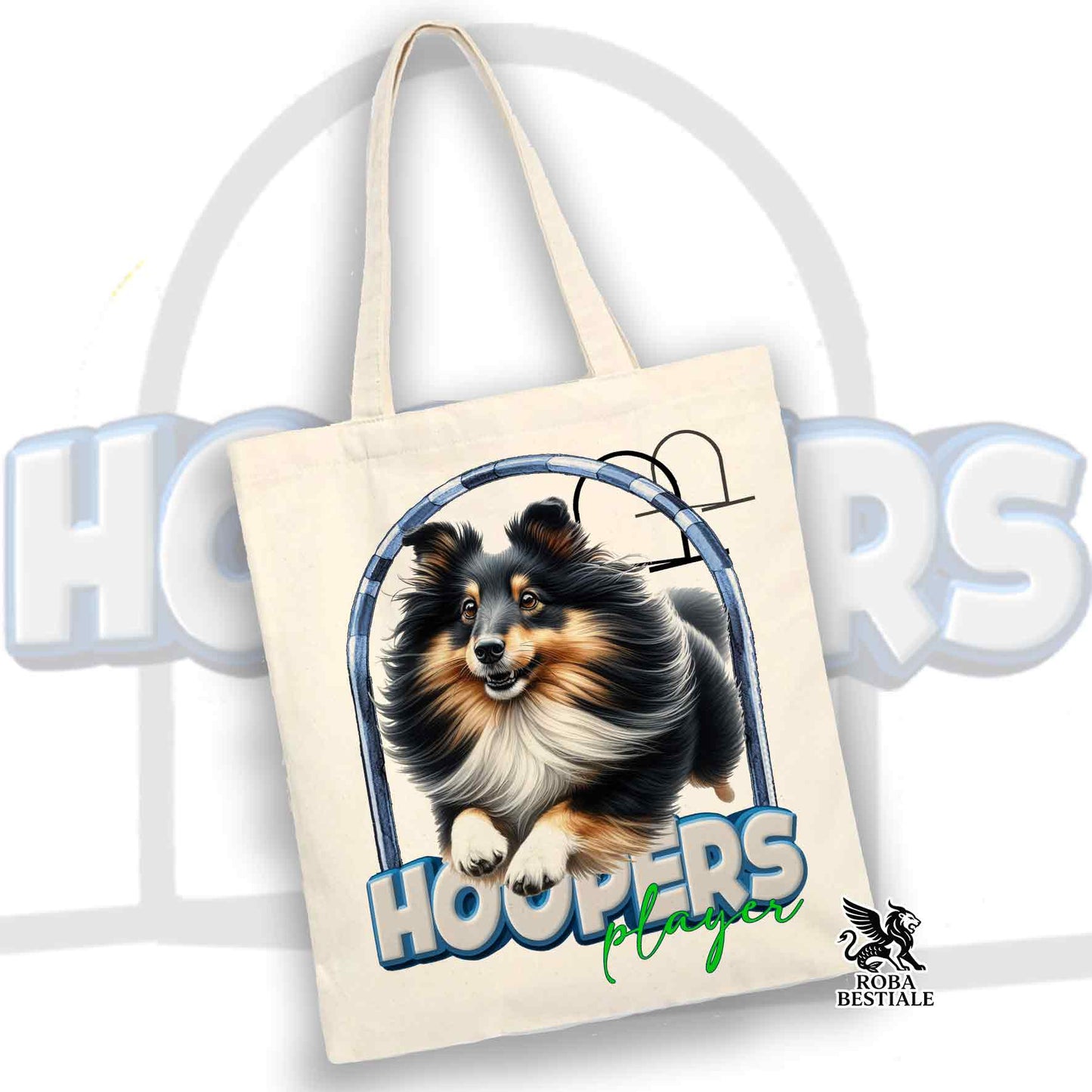 Tote Bag HOOPERS Player - SHETLAND SHEEPDOG Black Tricolor - 100% Cotone - Bianca o Beige