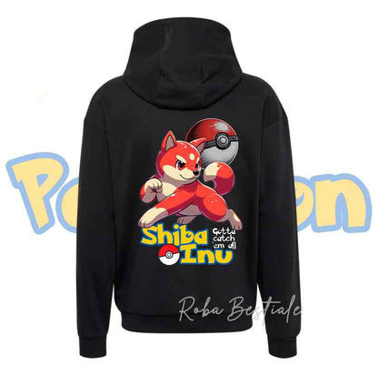 Felpa Invernale POKEMON - SHIBA INU Rosso - Con Cappuccio, Unisex - Grigia o Nera - dalla XS alla 3XL