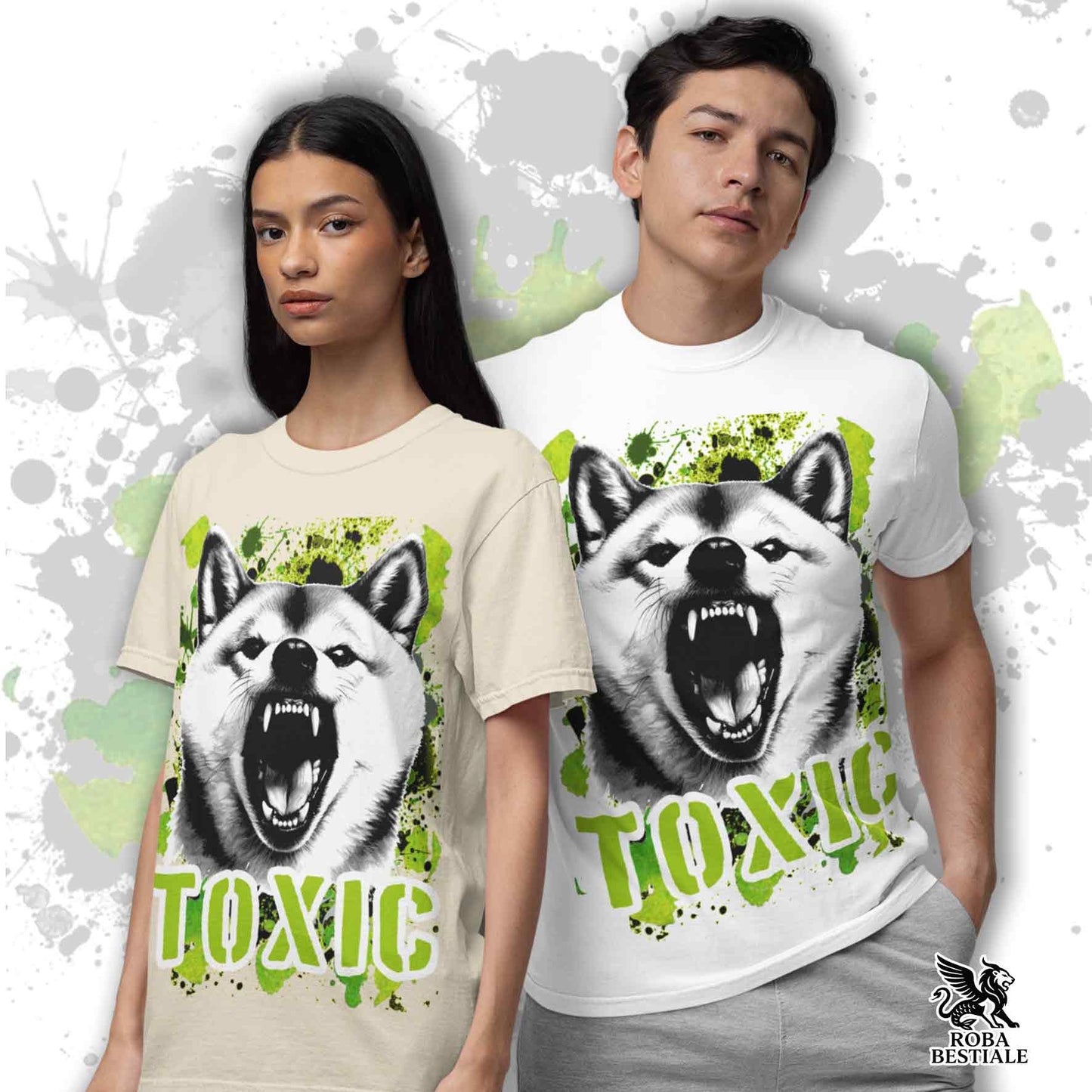 T-Shirt TOXIC - SHIBA INU - Bianca o Beige, da Uomo o da Donna - dalla XS alla 5XL