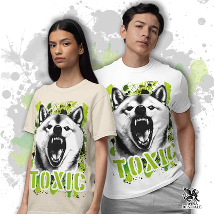 T-Shirt TOXIC - SHIBA INU - Bianca o Beige, da Uomo o da Donna - dalla XS alla 5XL