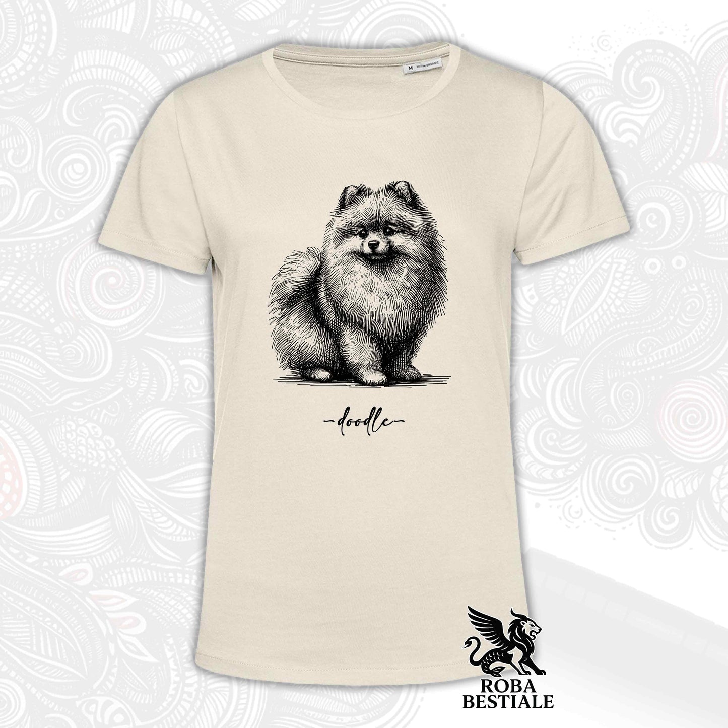 T-Shirt DOODLE - SPITZ TEDESCO TOY "POMERANIA" - Bianca o Beige, da Uomo o da Donna - dalla XS alla 5XL