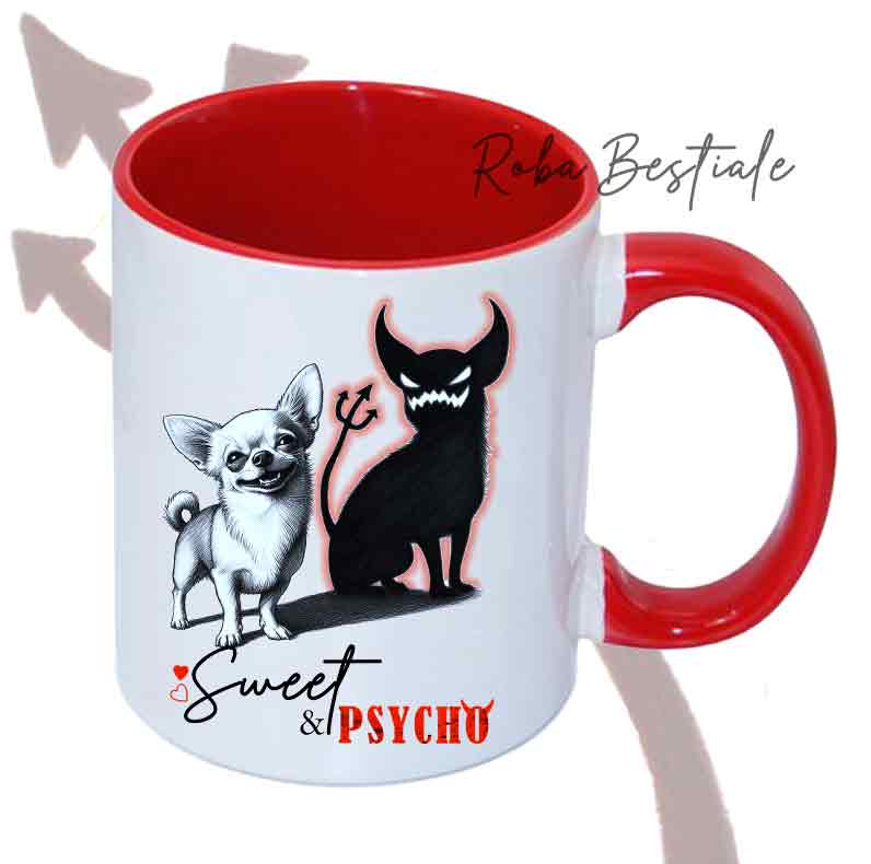 Tazza SWEET&PSYCHO - CHIHUAHUA a Pelo Corto - Manico e Interno Colorati - In Ceramica, 330 ml