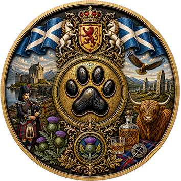 Un badge che identifica la Scozia come paese d'origine di cani di diverse razze