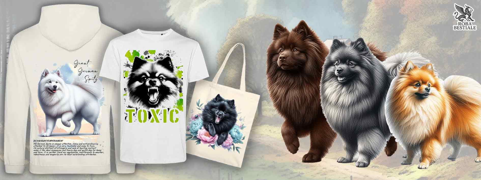 Banner collezione con t-shirt, felpe, tote bag stampate con Spitz Tedesco grande, medio e piccolo