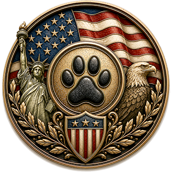 Un badge che identifica gli Stati Uniti come paese d'origine di cani di diverse razze