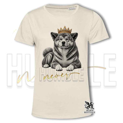 T-shirt stampata con Akita Inu Giapponese, colore beige con grafica Never Humble