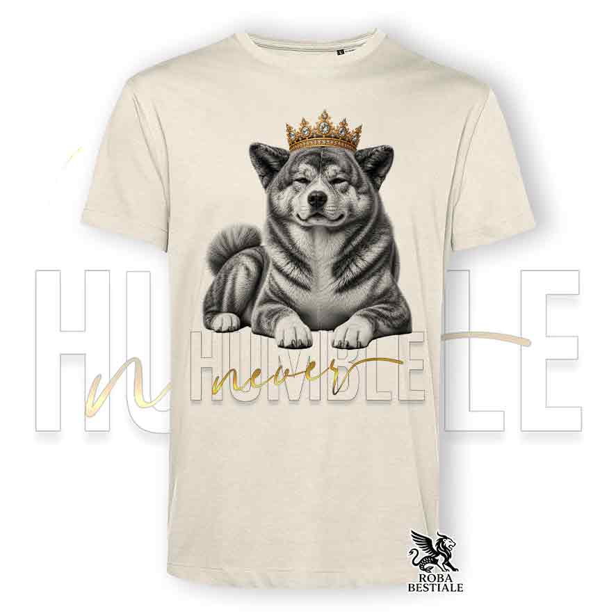 T-shirt stampata con Akita Inu Giapponese, colore beige con grafica Never Humble