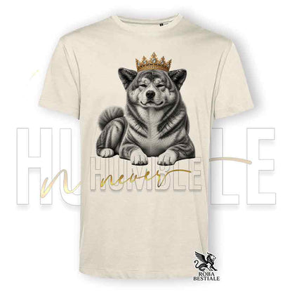 T-shirt stampata con Akita Inu Giapponese, colore beige con grafica Never Humble