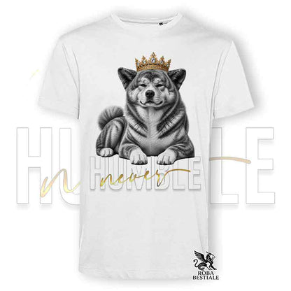 T-shirt stampata con Akita Inu Giapponese, colore bianco con grafica Never Humble