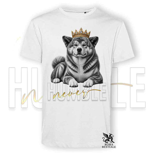 T-shirt stampata con Akita Inu Giapponese, colore bianco con grafica Never Humble