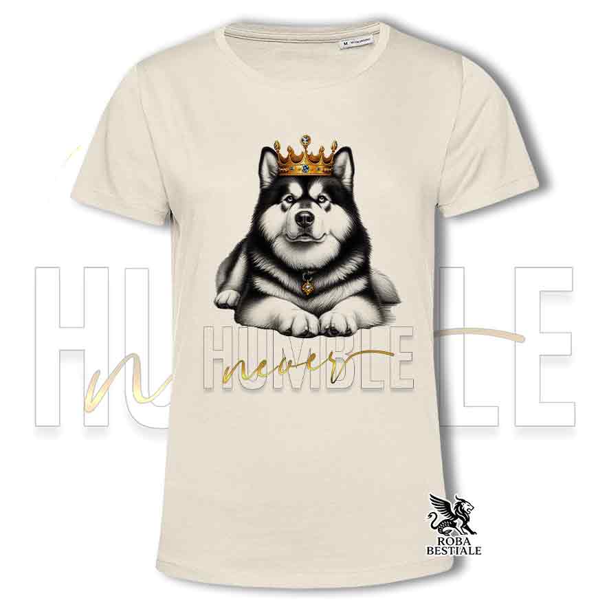 T-shirt stampata con Alaskan Malamute, colore beige con grafica Never Humble