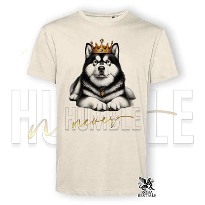 T-shirt stampata con Alaskan Malamute, colore beige con grafica Never Humble
