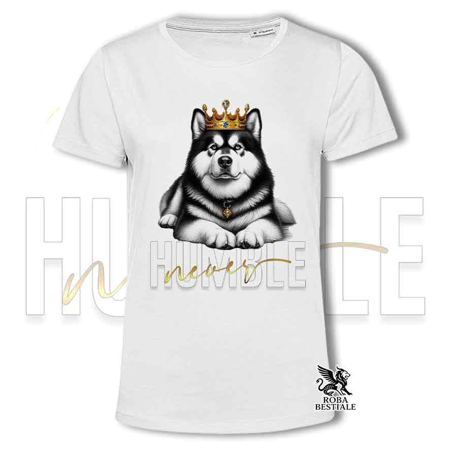 T-shirt stampata con Alaskan Malamute, colore bianco con grafica Never Humble