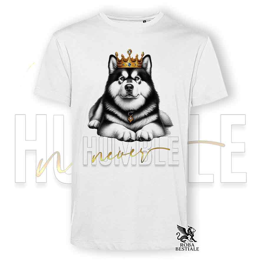 T-shirt stampata con Alaskan Malamute, colore bianco con grafica Never Humble