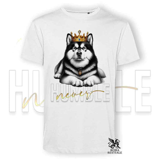 T-shirt stampata con Alaskan Malamute, colore bianco con grafica Never Humble