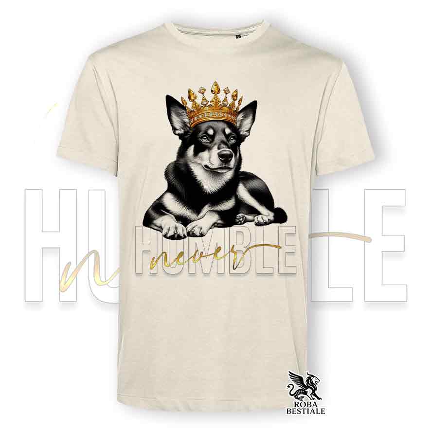 T-shirt stampata con Australian Kelpie, colore beige con grafica Never Humble