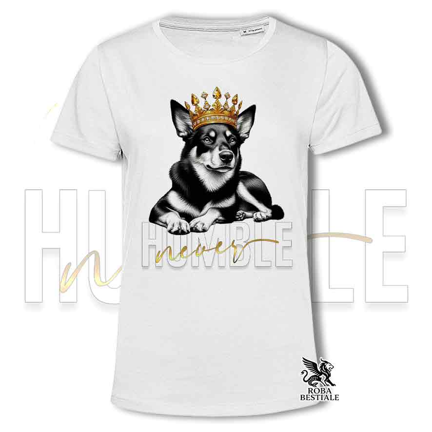 T-shirt stampata con Australian Kelpie, colore bianco con grafica Never Humble