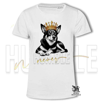 T-shirt stampata con Australian Kelpie, colore bianco con grafica Never Humble