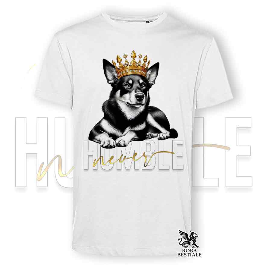 T-shirt stampata con Australian Kelpie, colore bianco con grafica Never Humble
