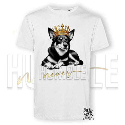 T-shirt stampata con Australian Kelpie, colore bianco con grafica Never Humble