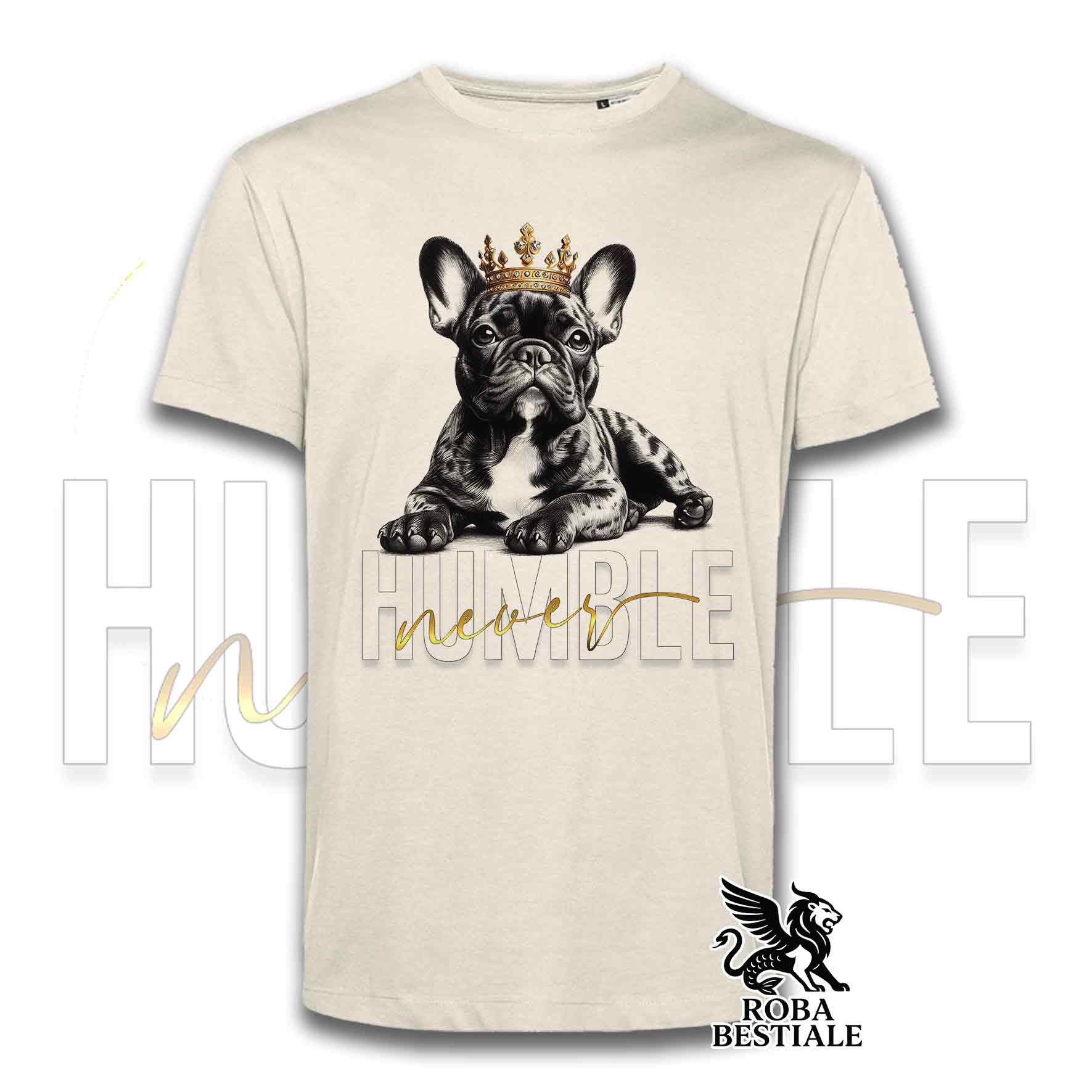 T-shirt stampata con Bouledogue Francais, colore beige con grafica Never Humble