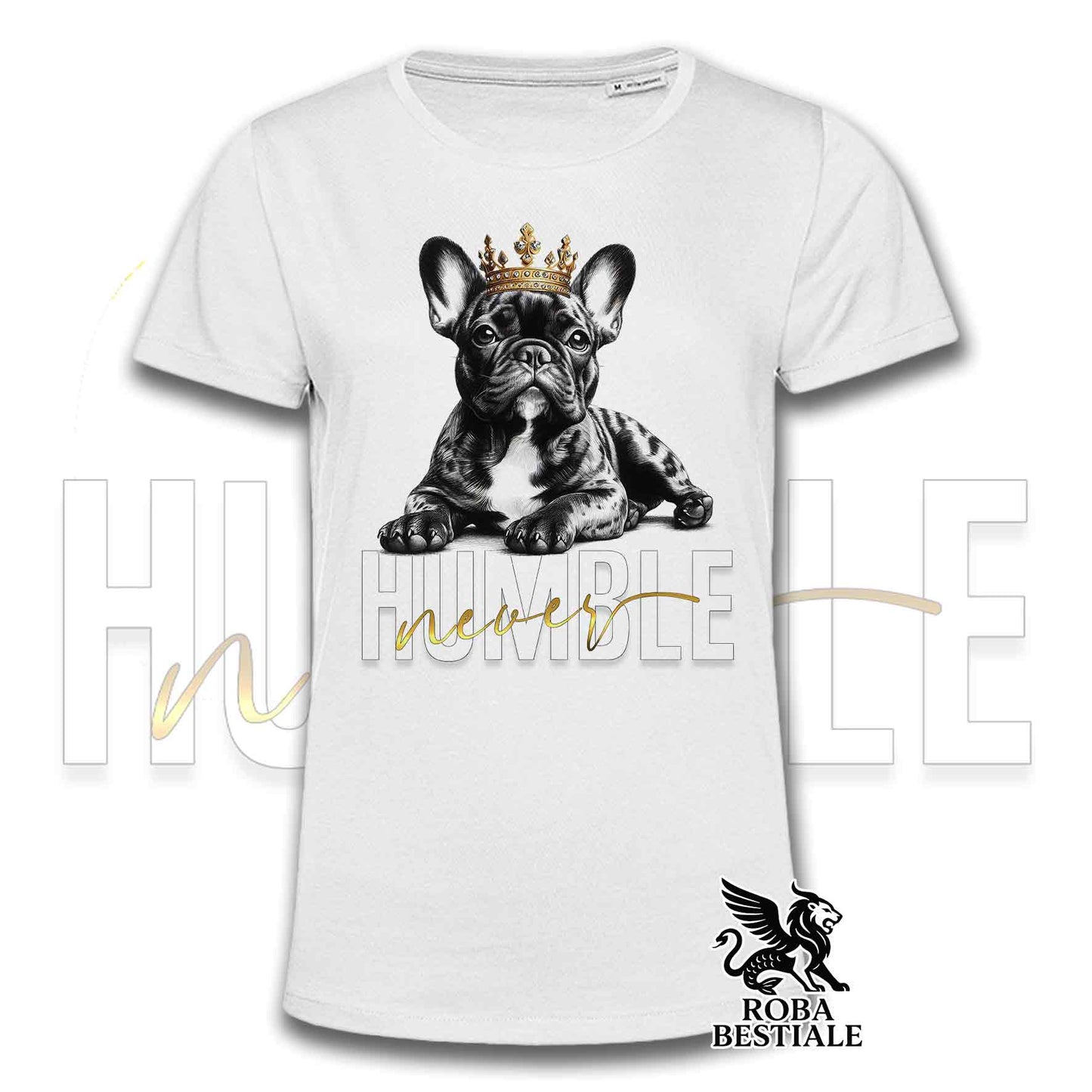 T-shirt stampata con Bouledogue Francais, colore bianco con grafica Never Humble