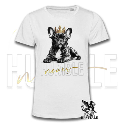 T-shirt stampata con Bouledogue Francais, colore bianco con grafica Never Humble
