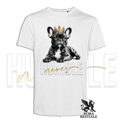 T-shirt stampata con Bouledogue Francais, colore bianco con grafica Never Humble