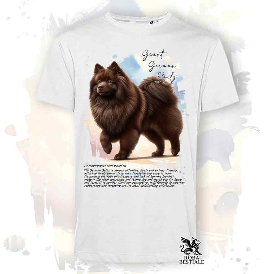 T-shirt stampata con Spitz Tedesco Grande marrone, colore bianco con grafica Behavior