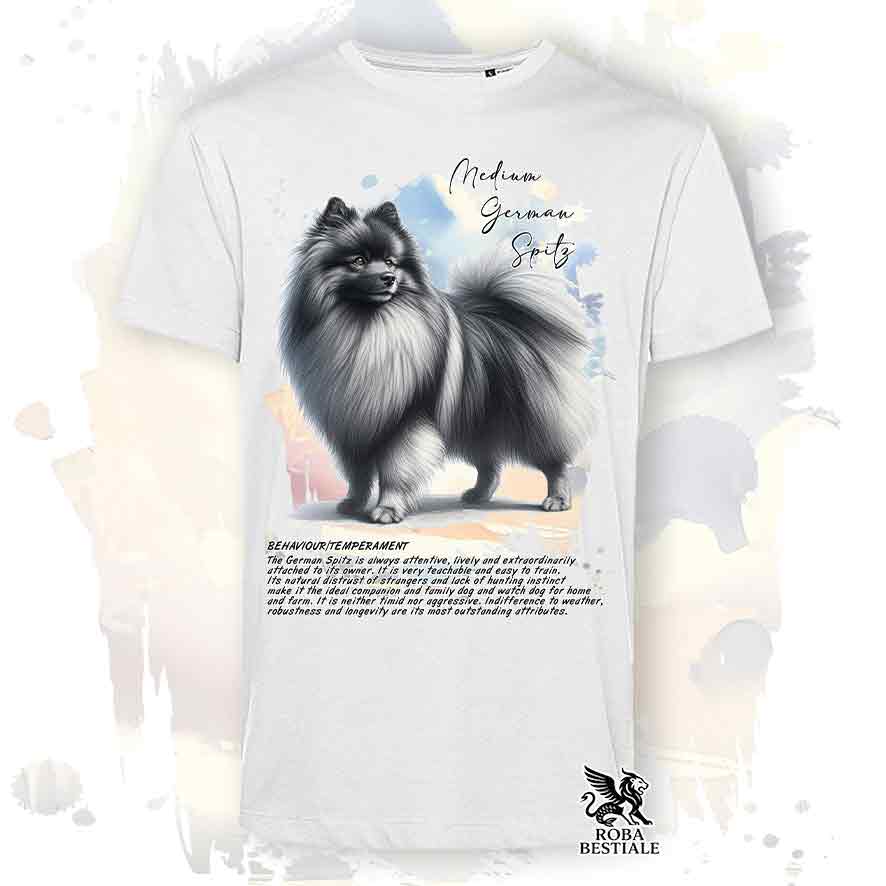 T-shirt stampata con Spitz Tedesco Medio grigio sfumato, colore bianco con grafica Behavior
