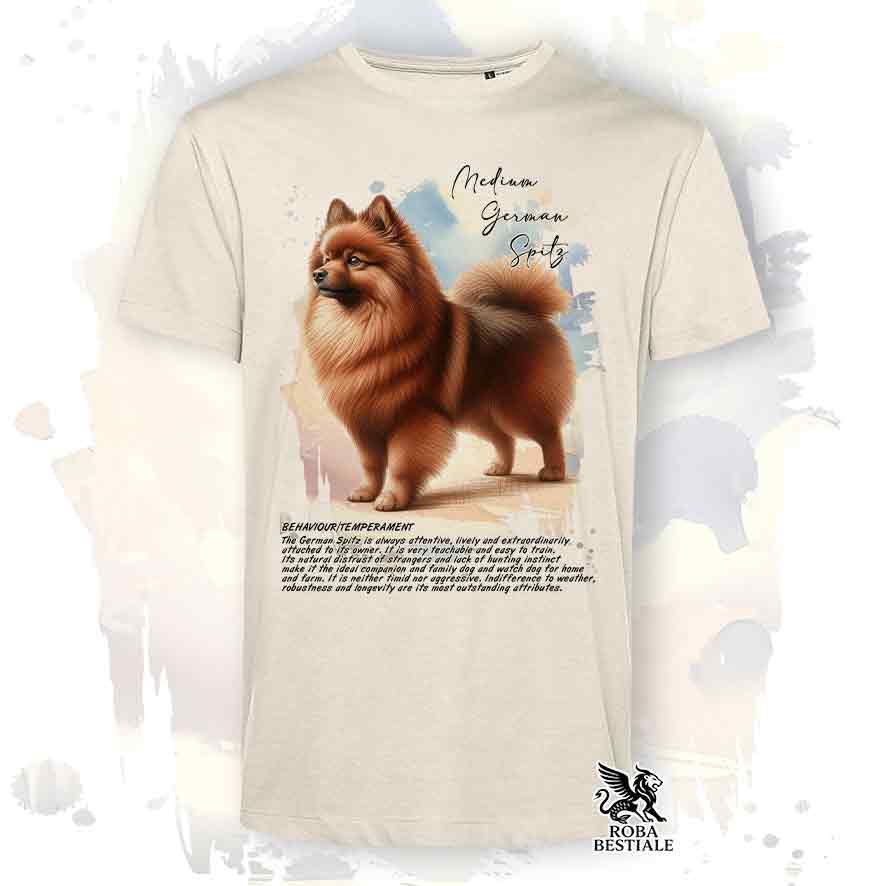 T-shirt stampata con Spitz Tedesco Medio marrone, colore beige con grafica Behavior