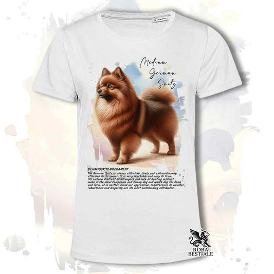 T-shirt stampata con Spitz Tedesco Medio marrone, colore bianco con grafica Behavior