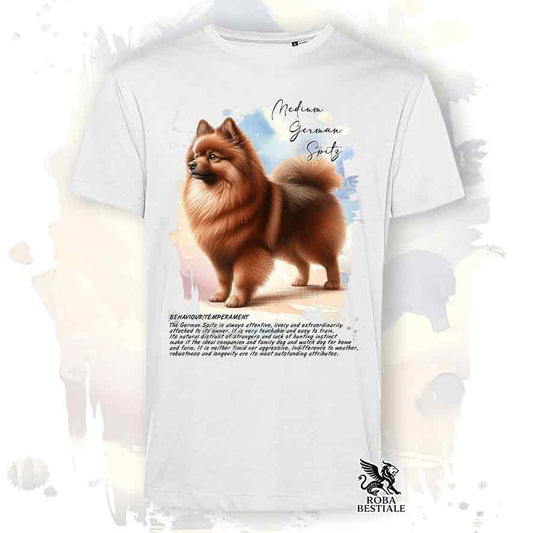 T-shirt stampata con Spitz Tedesco Medio marrone, colore bianco con grafica Behavior