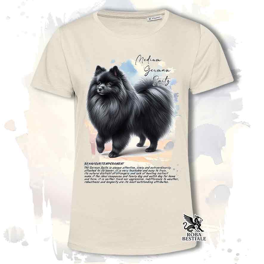 T-shirt stampata con Spitz Tedesco medio nero, colore beige con grafica Behavior