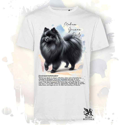 T-shirt stampata con Spitz Tedesco medio nero, colore bianco con grafica Behavior