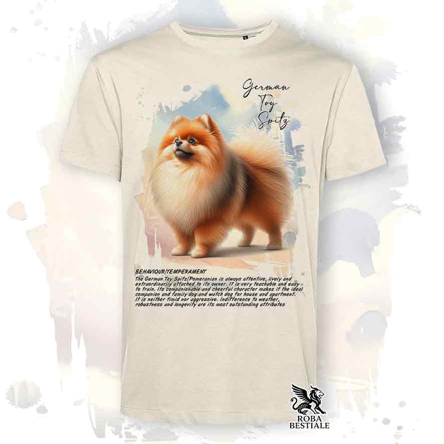 T-shirt stampata con Spitz Tedesco Nano Toy arancio, colore beige con grafica Behavior