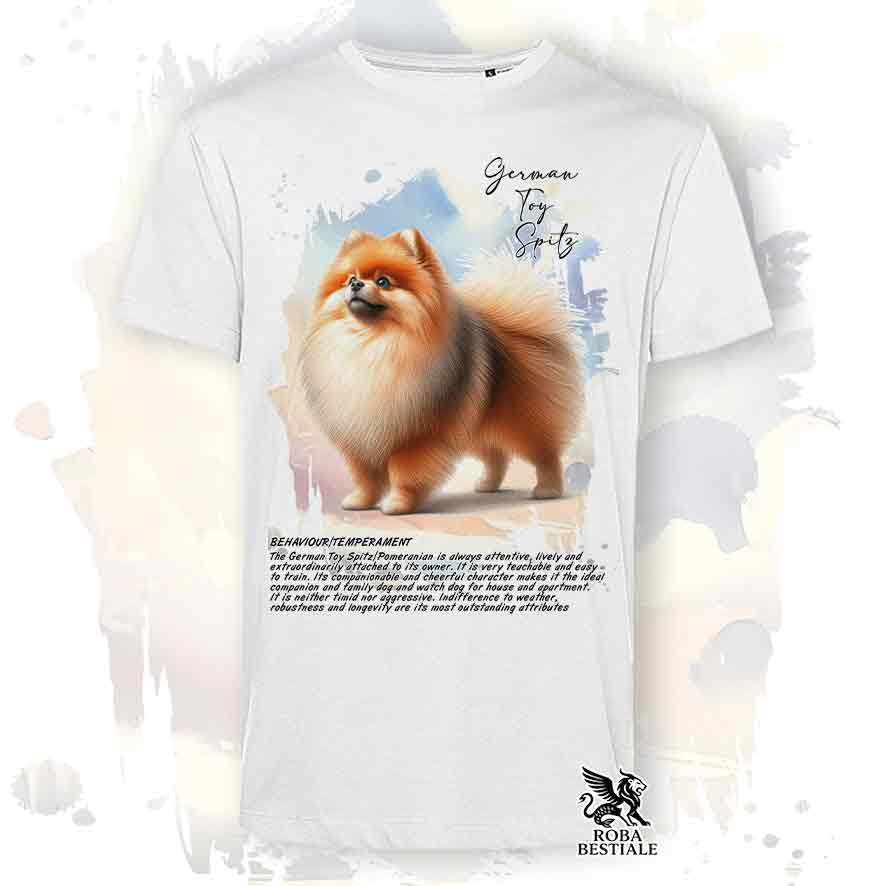 T-shirt stampata con Spitz Tedesco Nano Toy arancio, colore bianco con grafica Behavior