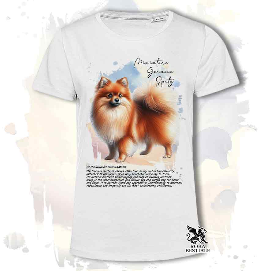 T-shirt stampata con Spitz Tedesco Piccolo arancio, colore bianco con grafica Behavior