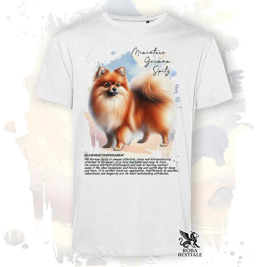 T-shirt stampata con Spitz Tedesco Piccolo arancio, colore bianco con grafica Behavior