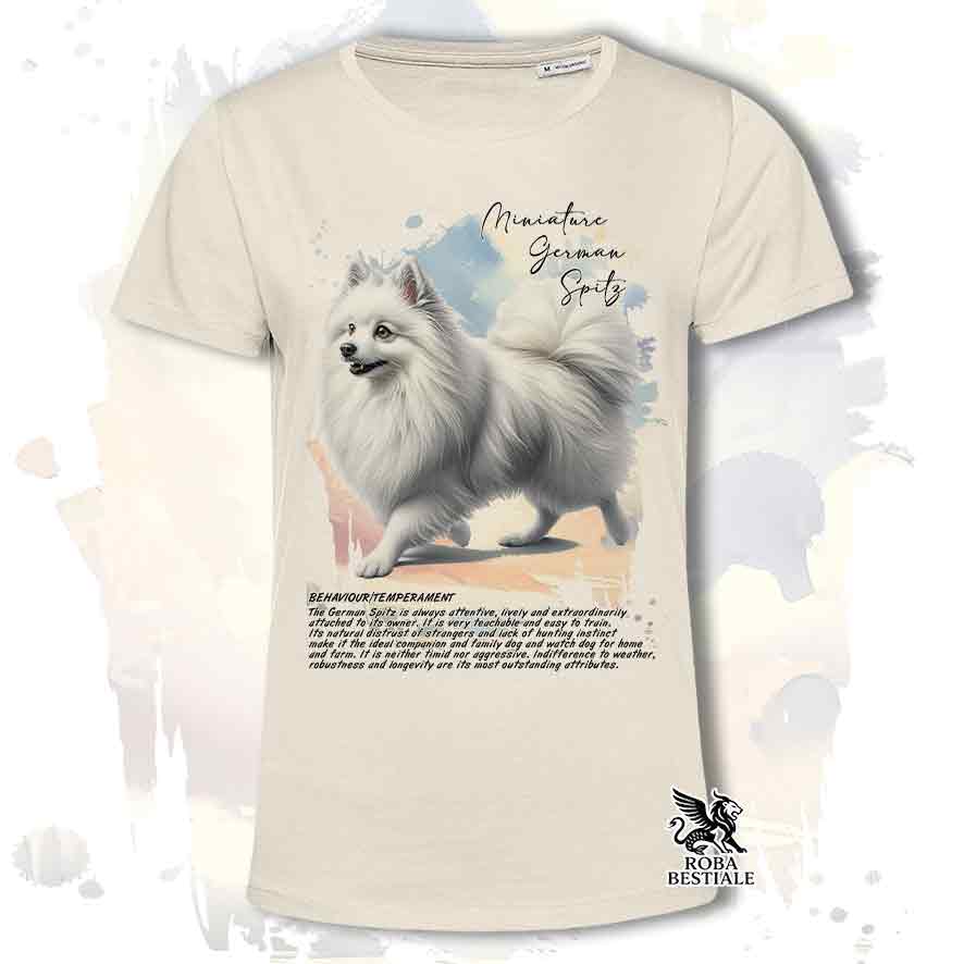 T-shirt stampata con Spitz Tedesco Piccolo bianco, colore beige con grafica Behavior