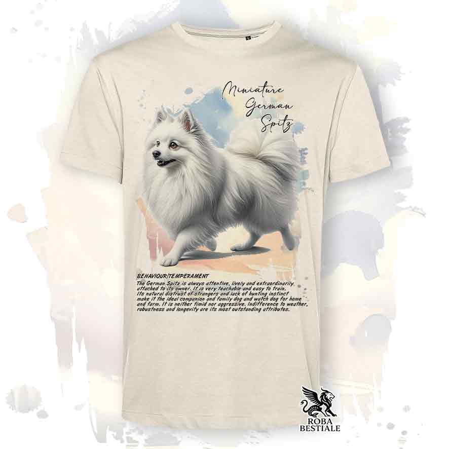 T-shirt stampata con Spitz Tedesco Piccolo bianco, colore beige con grafica Behavior