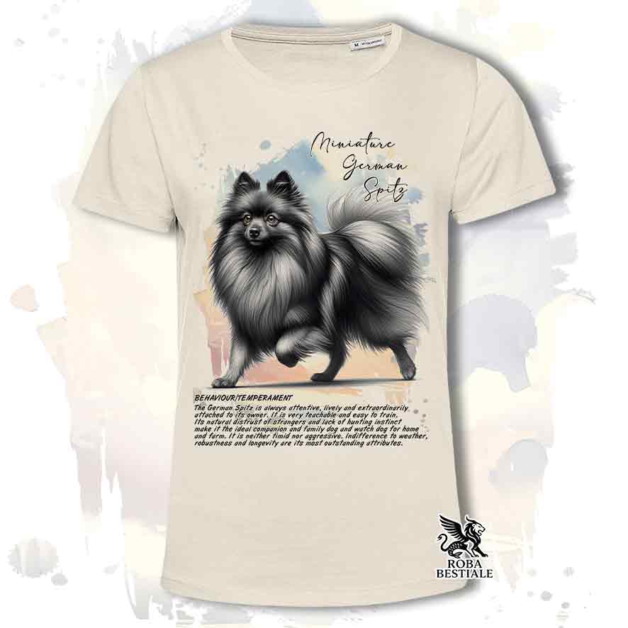 T-shirt stampata con Spitz Tedesco Piccolo grigio sfumato, colore beige con grafica Behavior
